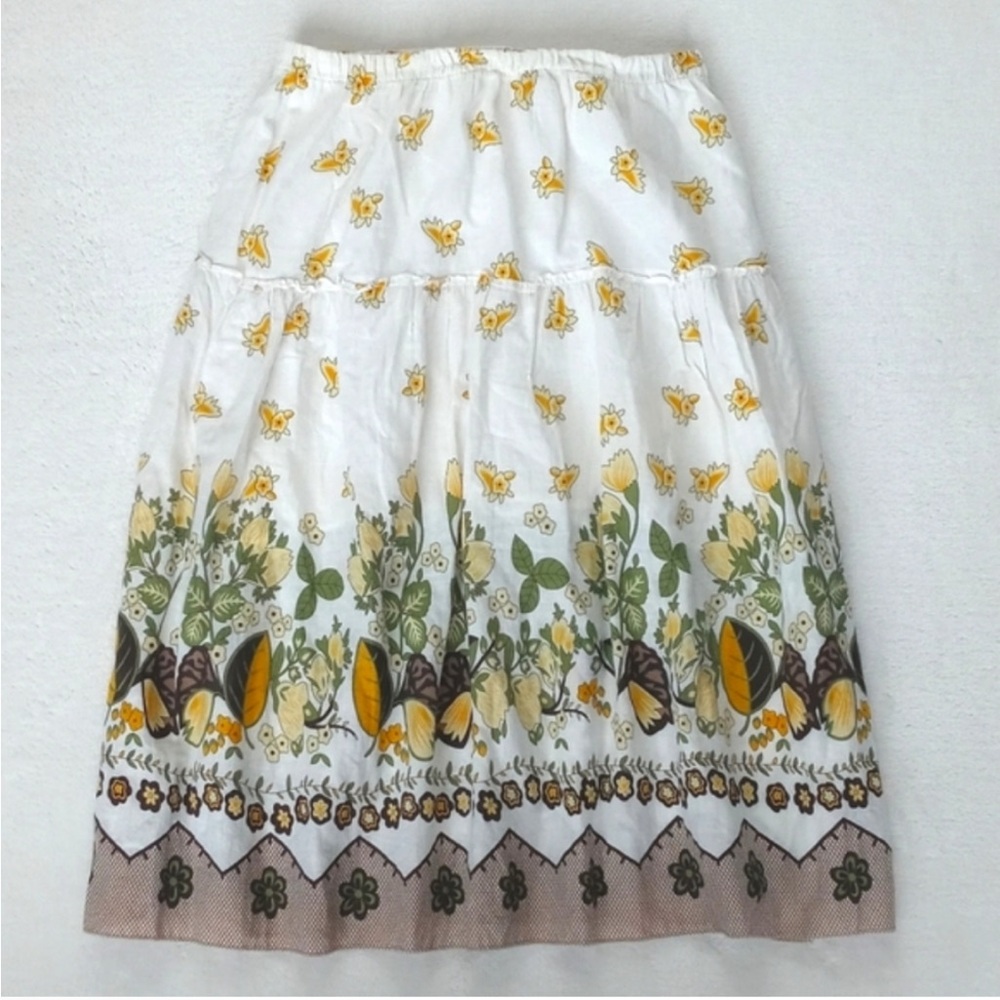 Vintage Women's White Soft Yellow Floral Summer Garden Bohemian Cotton Skirt S